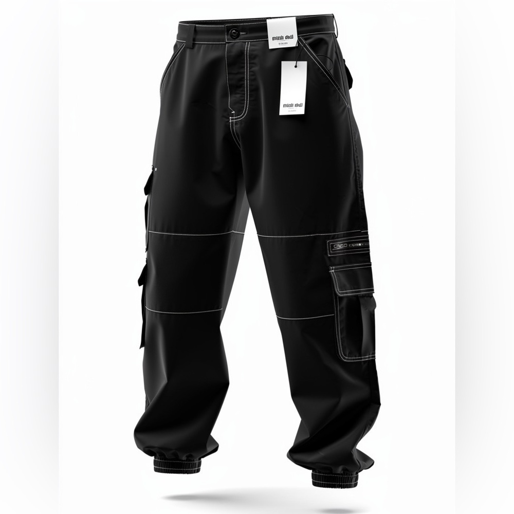 Women Black Denim White Stitching Cargo Joggers Large NWT - Picture 3 of 6